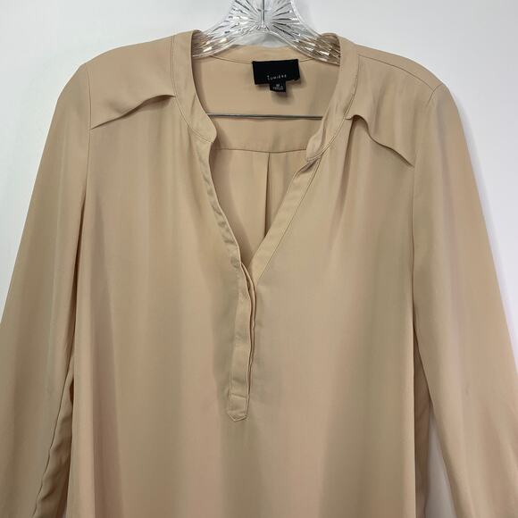 Lumiere Beige Henley Tunic Ballon Sleeves Medium Hidden Buttons Round Hem Light - Picture 2 of 11